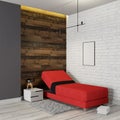 Bedroom interior. Red bed in the interior. 3d rendering. Royalty Free Stock Photo