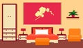 Bedroom interior in red and orange colors. Vector illustration. Royalty Free Stock Photo