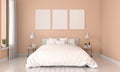 Bedroom interior and three empty photo frame for mockup, 3D rendering Royalty Free Stock Photo