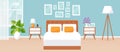 Bedroom interior. Vector illustration with double bed. Flat design Royalty Free Stock Photo