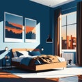 Bedroom interior. Vector illustration in flat style. Bedroom in blue color. generative AI Royalty Free Stock Photo