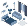 Bedroom isometric design. items bedroom furniture, window and bed, sofa
