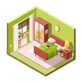 Bedroom cartoon illustration of isometric modern small bedroom and interior furniture in cross section