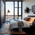 A bedroom with a large bed and a large window Royalty Free Stock Photo