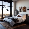 A bedroom with a large bed and a large window Royalty Free Stock Photo