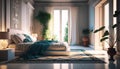 a bedroom with a large bed and a plant in the corner. Royalty Free Stock Photo