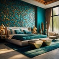 a bedroom with a large bed and a large window Mediterranean interior Master Bedroom with Turquoise