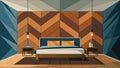A bedroom with a large wall covered in a geometric wood panel design adding texture and warmth to the space.. Royalty Free Stock Photo