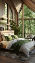 a bedroom with a large window and a bed Farmhouse interior Master Bedroom with Forest Green color Royalty Free Stock Photo