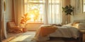 A bedroom with a large window that lets in the sun Royalty Free Stock Photo
