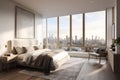 A bedroom with a large window overlooking a city Royalty Free Stock Photo