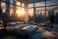 A bedroom with a large window overlooking a city Royalty Free Stock Photo