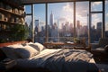 A bedroom with a large window overlooking a city Royalty Free Stock Photo