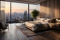 A bedroom with a large window overlooking a city Royalty Free Stock Photo