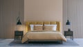 Bedroom in light beige color - ivory or pale yellow mustard with an ochre bed. Vertical mock