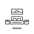 Bedroom line vector icon. Double bed with bedside tables and picture on the wall