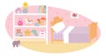 Bedroom of little girl interior design background. Room with bed with pillow and blanket, stand with shelves full of