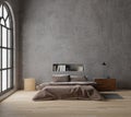 3D rendering Loft style bedroom with raw concrete ,wooden floor,big window Royalty Free Stock Photo