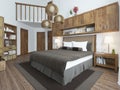 Bedroom loft-style with wooden furniture and white walls. Royalty Free Stock Photo