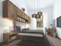 Bedroom loft-style with wooden furniture and white walls. Royalty Free Stock Photo