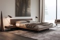 a bedroom with a low-profile, walnut bed frame and minimalist side tables