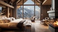 Bedroom in a luxury hotel in the middle of winter and mountains