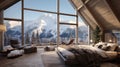 Bedroom in a luxury hotel in the middle of winter and mountains