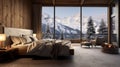 Bedroom in a luxury hotel in the middle of winter and mountains