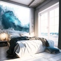 Bedroom melting into ocean fantasy digital art
