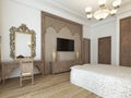 Bedroom in the Middle Eastern Arabian style with luxurious wooden carvings and a large bed with a wooden headboard