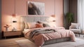 Bedroom with minimal elements, harmoniously combines modernity and coziness with a bright shade of Peach Fuzz