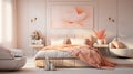 Bedroom with minimal elements, harmoniously combines modernity and coziness with a bright shade of Peach Fuzz