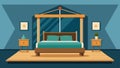 A bedroom with a modern fourposter bed frame and a reclaimed wood accent wall.. Royalty Free Stock Photo