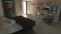 Bedroom in modern style with wardrobes and furniture. Apartment, architectural project