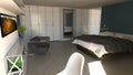 Bedroom in modern style with wardrobes and furniture. Apartment, architectural project