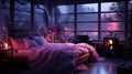 A bedroom with neon lights beneath the bed, casting a soft and inviting glow,