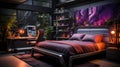 A bedroom with neon lights suspended from the ceiling, creating an enchanting and whimsical atmosphere