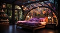 A bedroom with neon lights suspended from the ceiling, creating an enchanting and whimsical atmosphere