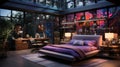 A bedroom with neon lights suspended from the ceiling, creating an enchanting and whimsical atmosphere