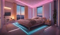A bedroom with neon strips on the floor, guiding the way to a comfortable