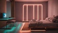 A bedroom with neon strips on the floor, guiding the way to a comfortable