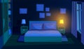 Bedroom at night. Evening bed, room interior with moon light. Dark out window, modern cartoon empty home at sleep time Royalty Free Stock Photo