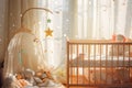 Bedroom nursery, bathed in soft golden light filtering through translucent curtains. AI Generated