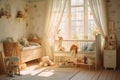 Bedroom nursery, bathed in soft golden light filtering through translucent curtains. AI Generated