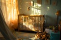 Bedroom nursery, bathed in soft golden light filtering through translucent curtains. AI Generated