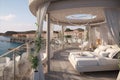 Bedroom outdoor on loggia with a white color scheme, creating a comfortable and spacious atmosphere, and featuring stylish