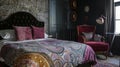 In the bedroom a paisley printed duvet cover complements the intricate geometric pattern on the walls. A vintage velvet