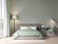 Bedroom in pastel green color with garden view 3D render