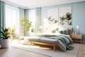 A bedroom in pastel green tones lit by sunlight, the room has wooden floors, empty painted walls Royalty Free Stock Photo