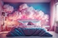 A bedroom with a pink cloud wall and a pink bed